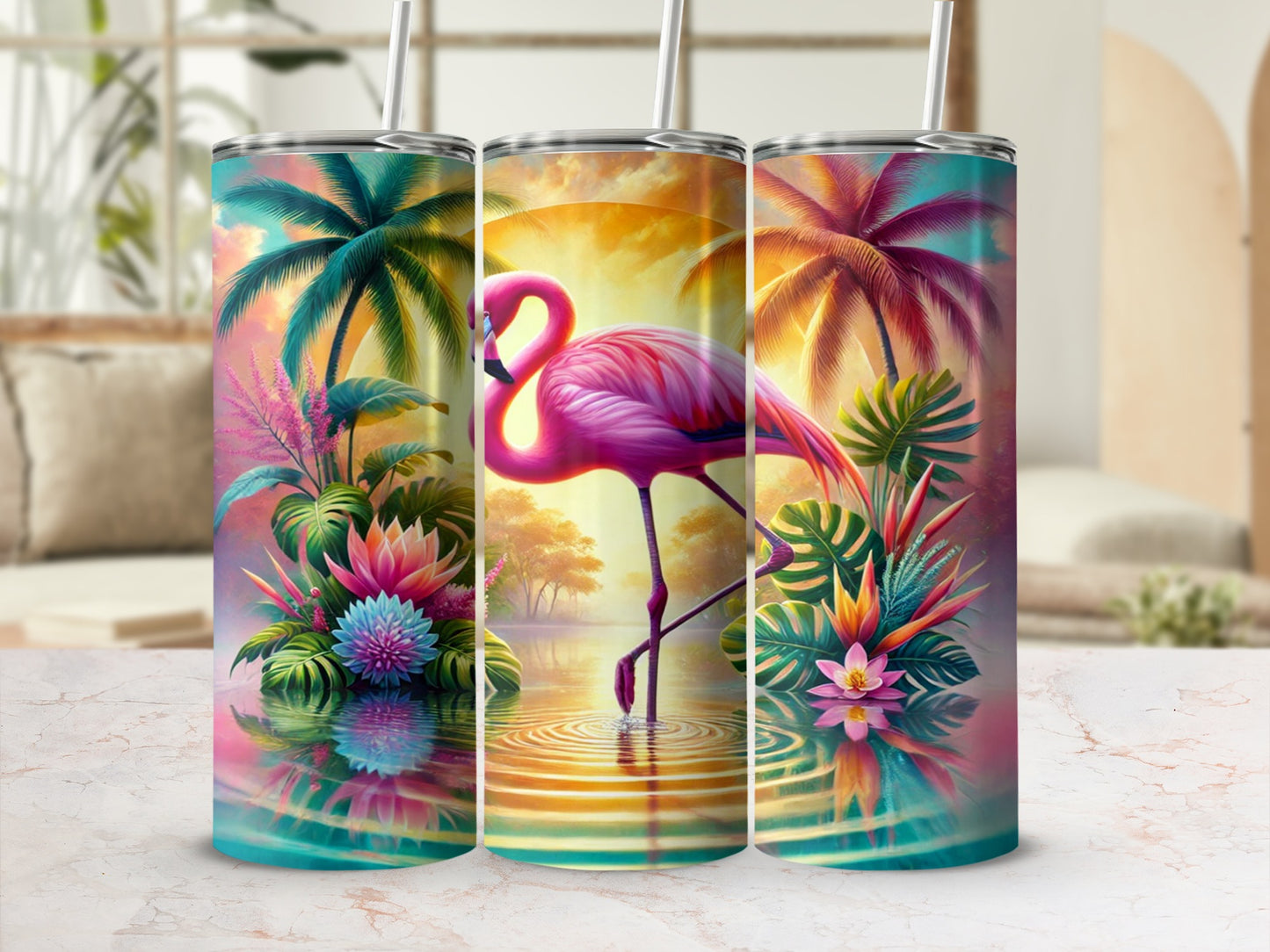 Tropical Flamingo with Palm Trees Tumbler Cup Design