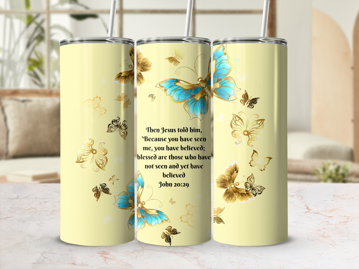 Quote from John 20:29 with Blue and Gold Butterflies