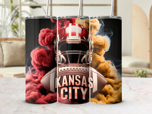 Kansas City football helmet and ball with red and orange smoke.