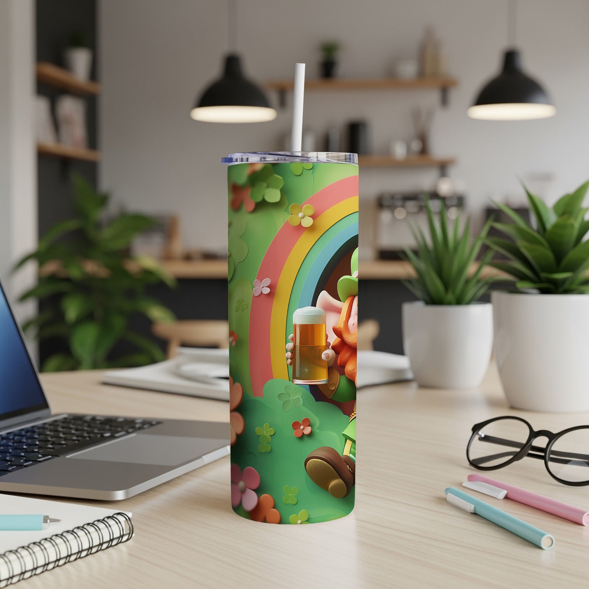 Leprechaun holding a beer mug in front of a rainbow and clover design.