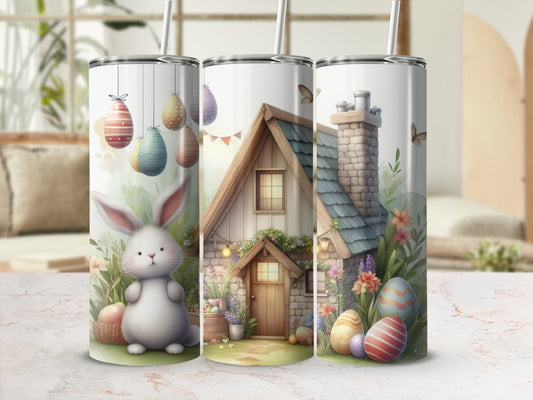 White bunny with Easter eggs and a cottage on a tumbler.