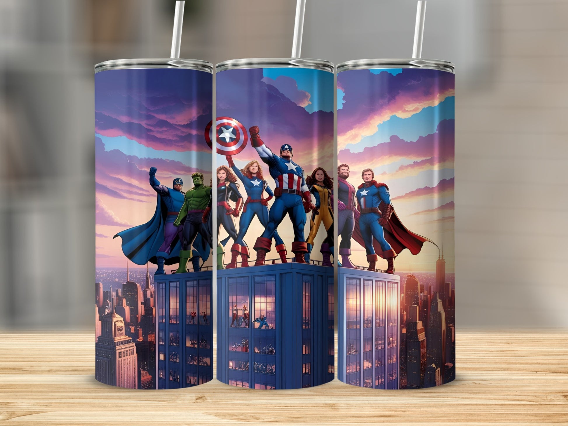 Avengers superheroes stand on a building overlooking a city at sunset.