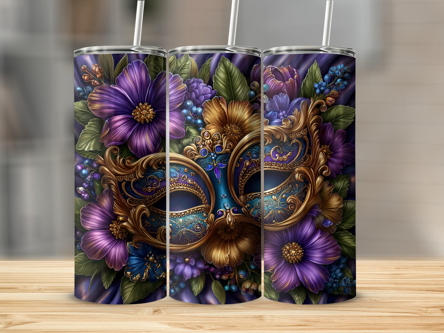 Intricate Mask and Floral Pattern Decorative Tumbler