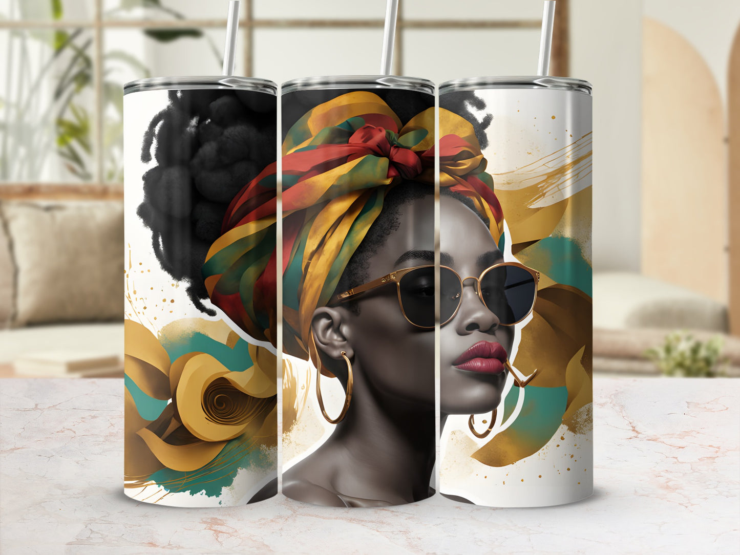 Woman in colorful headwrap and sunglasses on a tumbler.