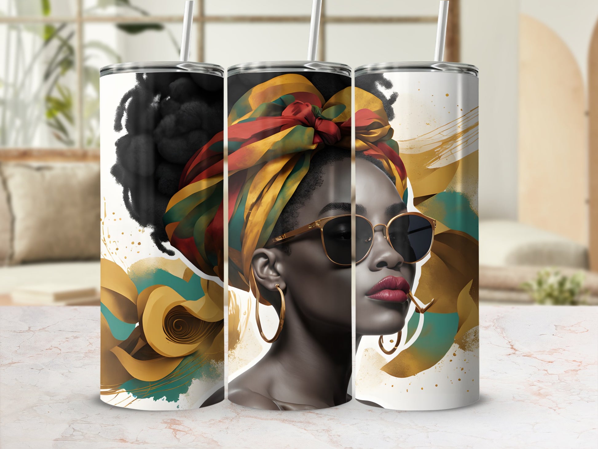 Woman in colorful headwrap and sunglasses on a tumbler.
