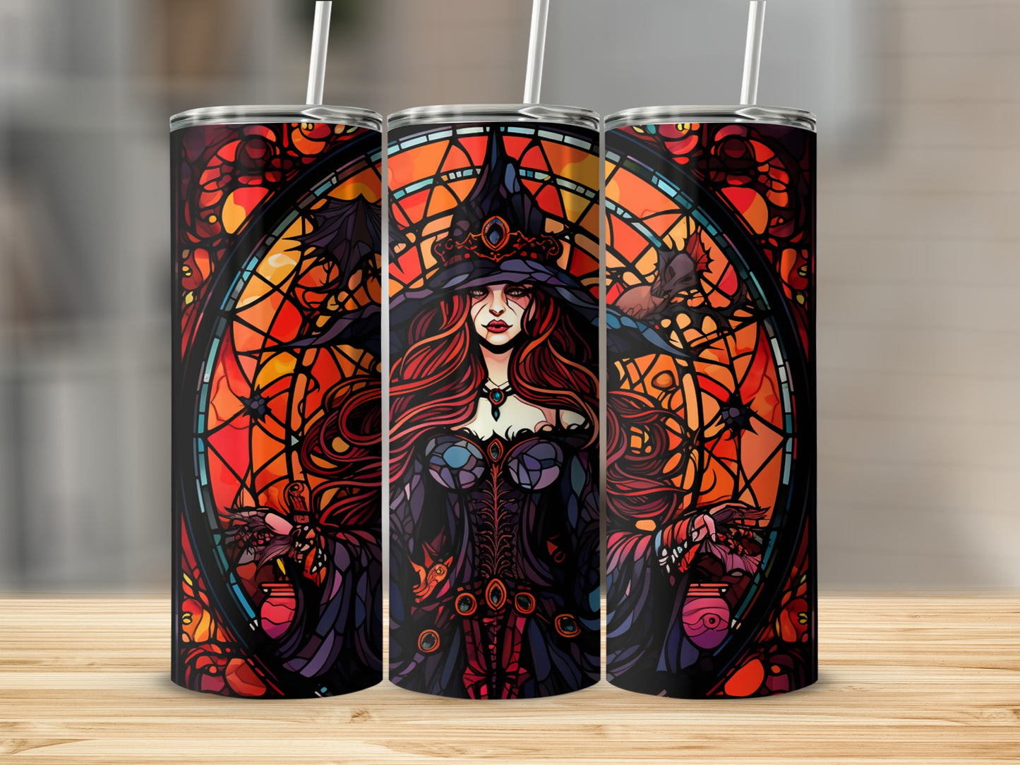 Stained glass witch with long red hair in a black dress and hat.