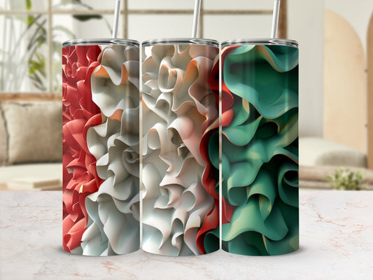 Three tumblers with swirling red, white, and green abstract floral patterns.