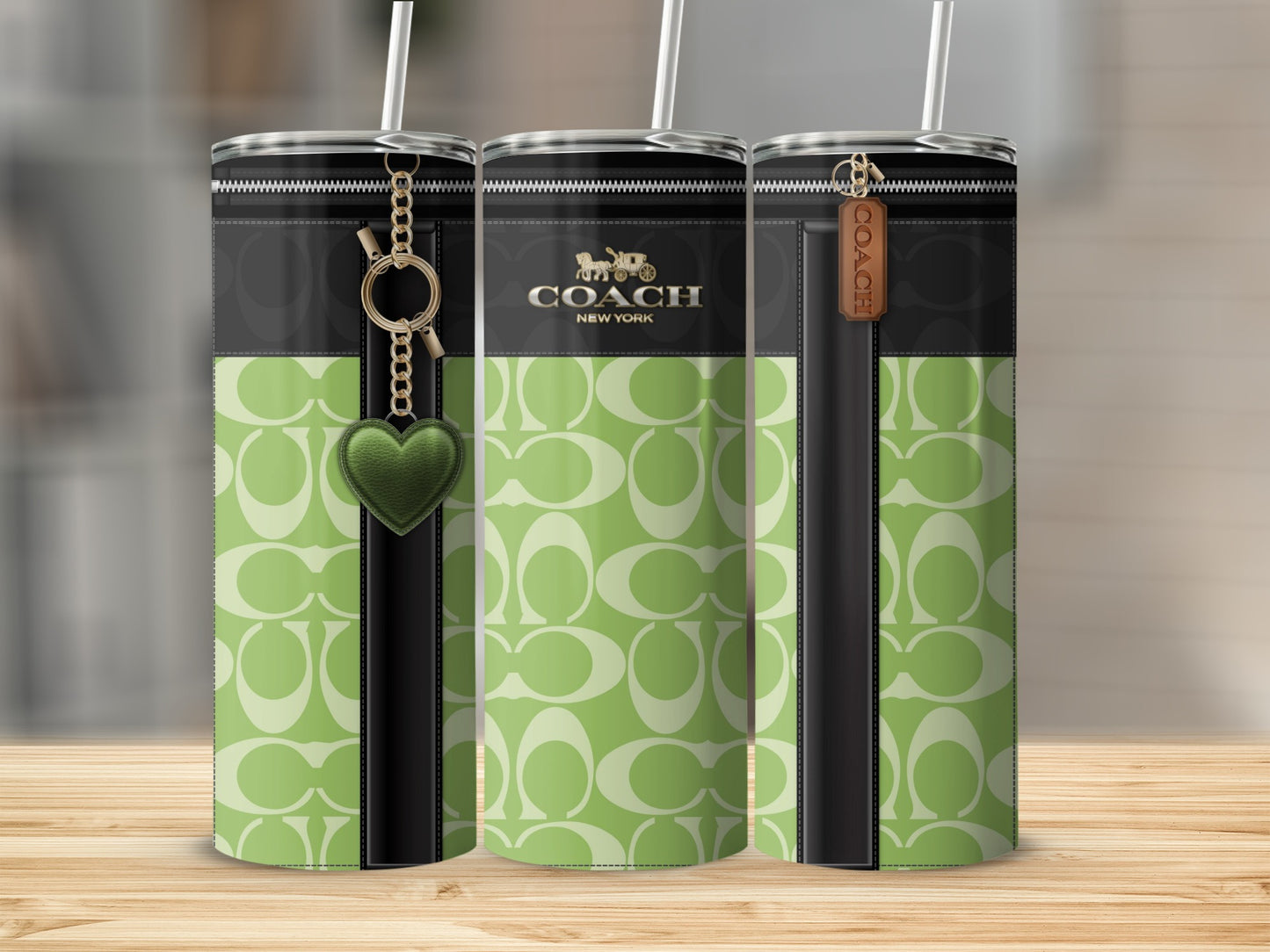 Coach New York Green Pattern Tumbler With Charms