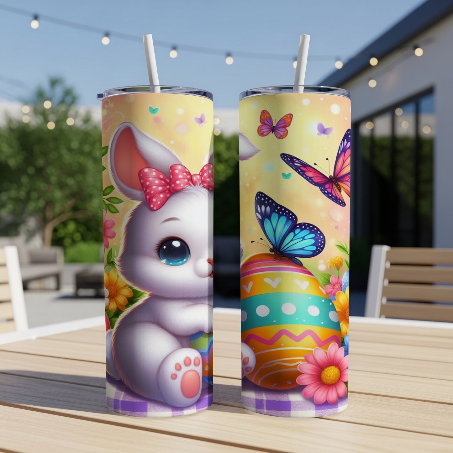 Easter bunny with painted eggs and butterflies on a patterned background.