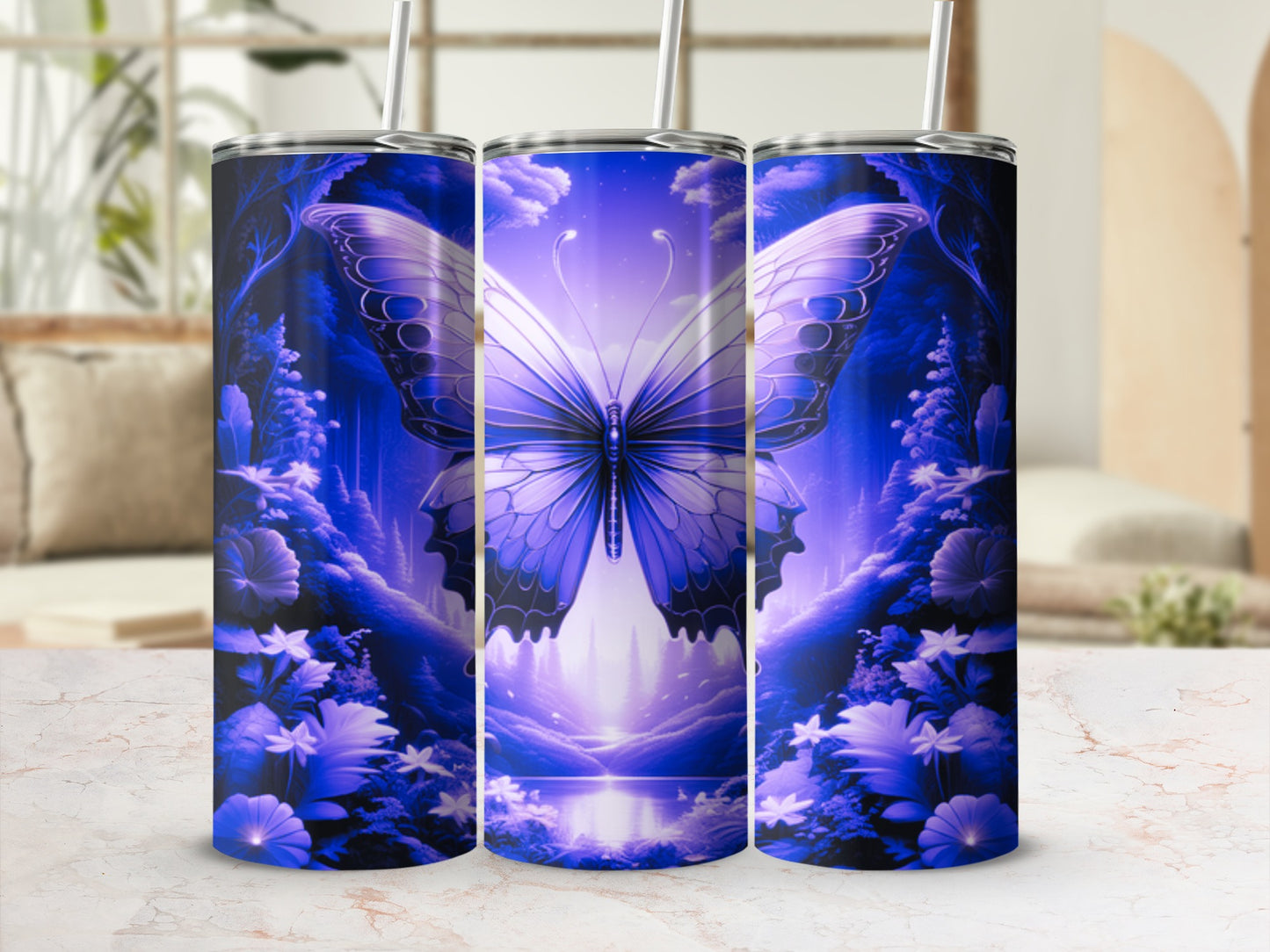 Blue butterfly design on a cylindrical tumbler with floral accents.