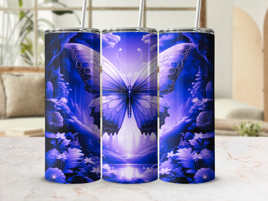 Blue butterfly design on a cylindrical tumbler with floral accents.