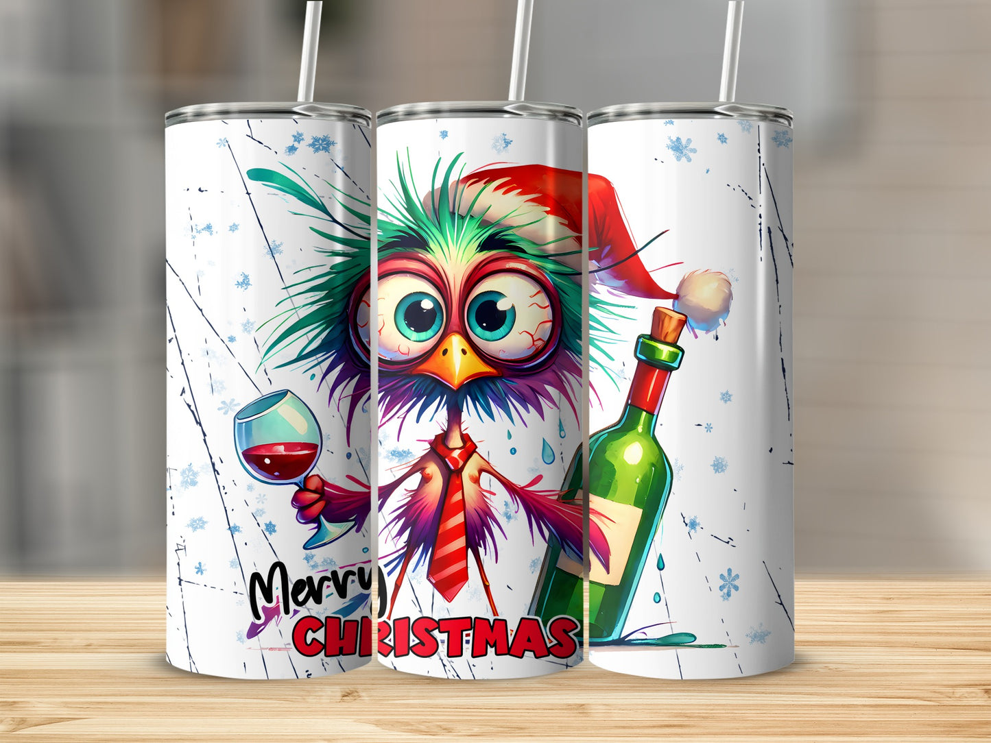 Whimsical cartoon bird in Santa hat holding wine, Merry Christmas text.