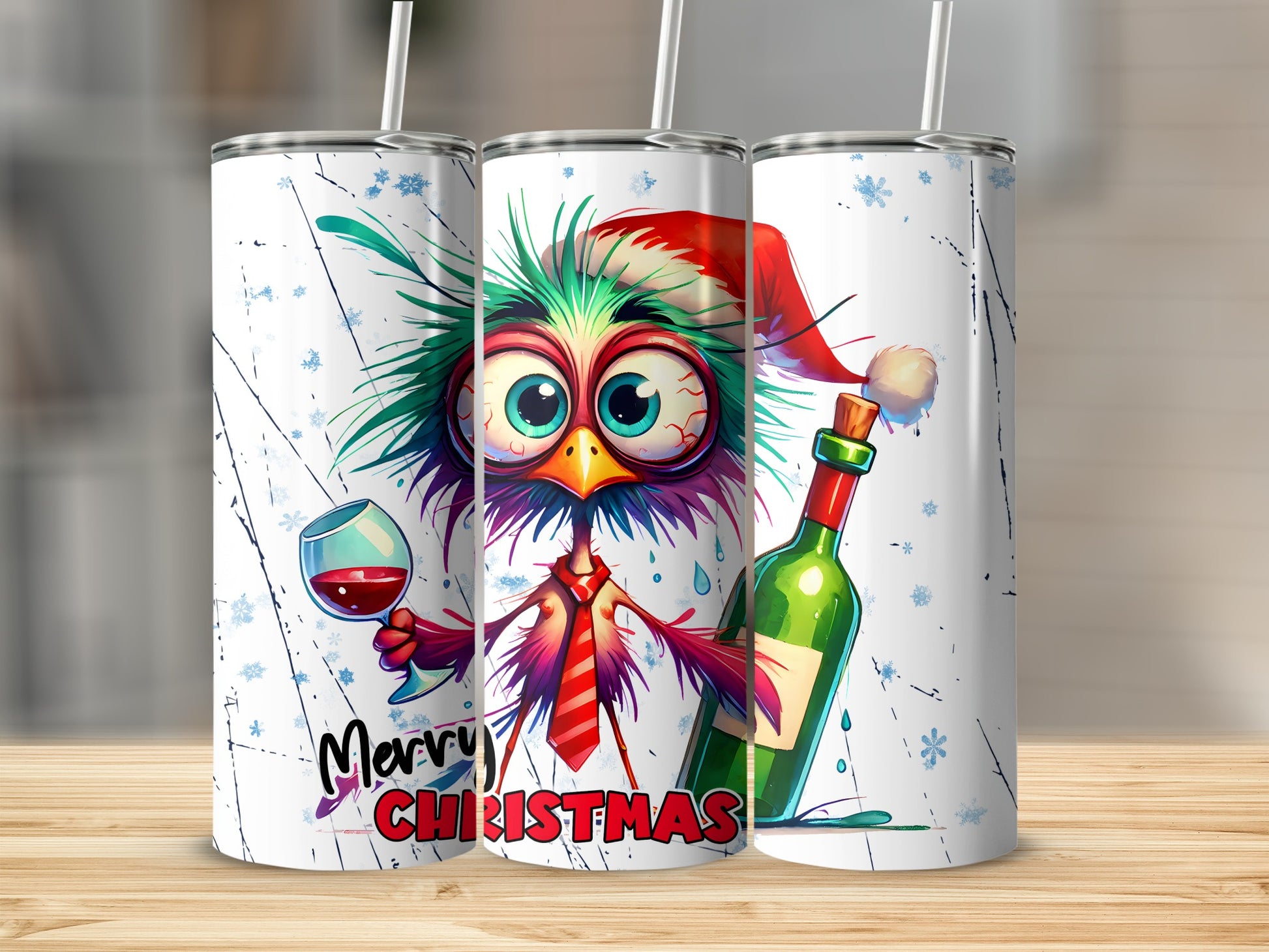 Whimsical cartoon bird in Santa hat holding wine, Merry Christmas text.