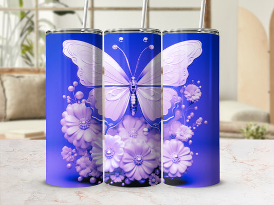 Purple butterfly and floral design on three tumblers.