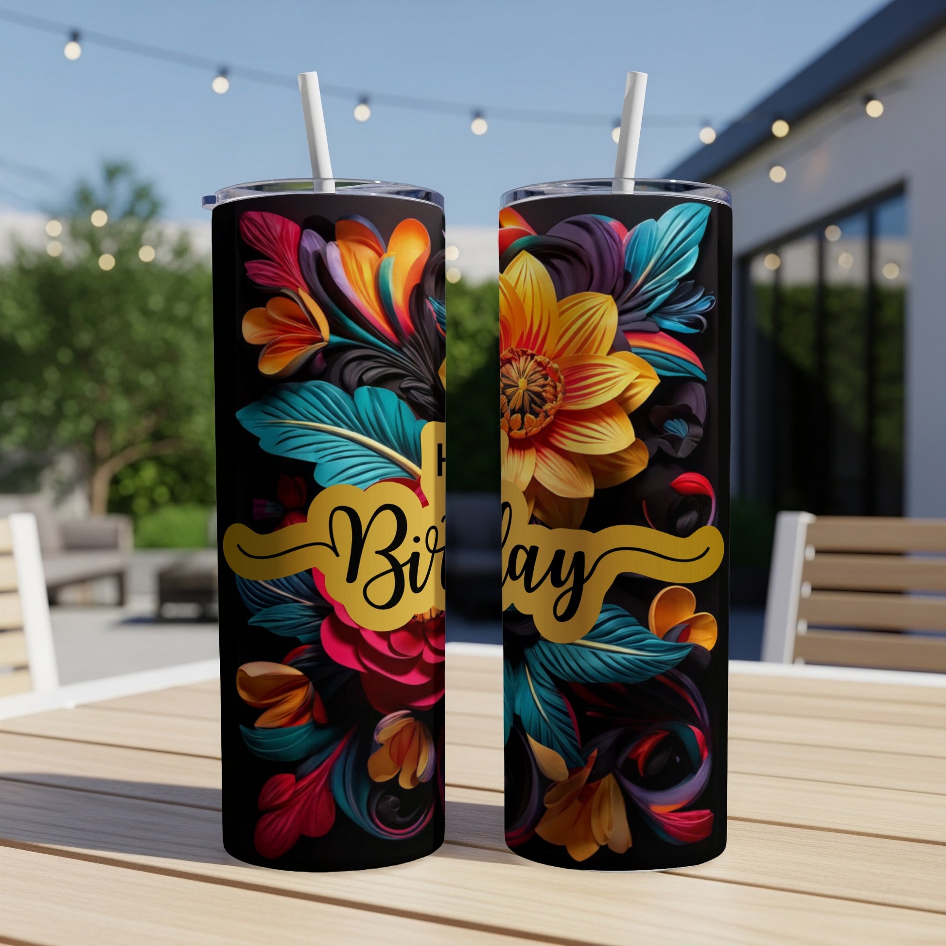 Black tumbler with colorful floral "Birthday" text and straw.