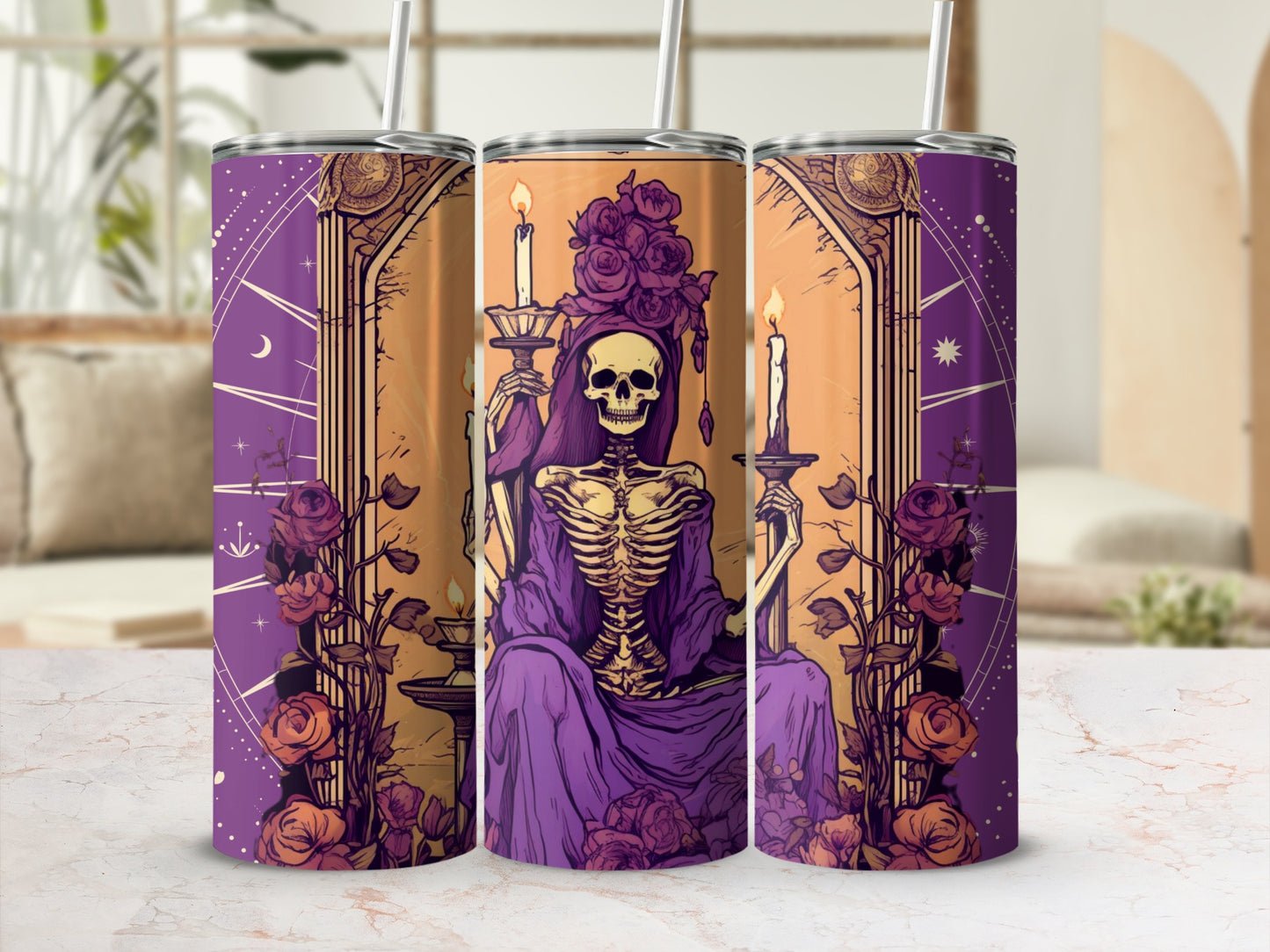 Gothic Skeleton Holding Candles Tumbler Cup Design