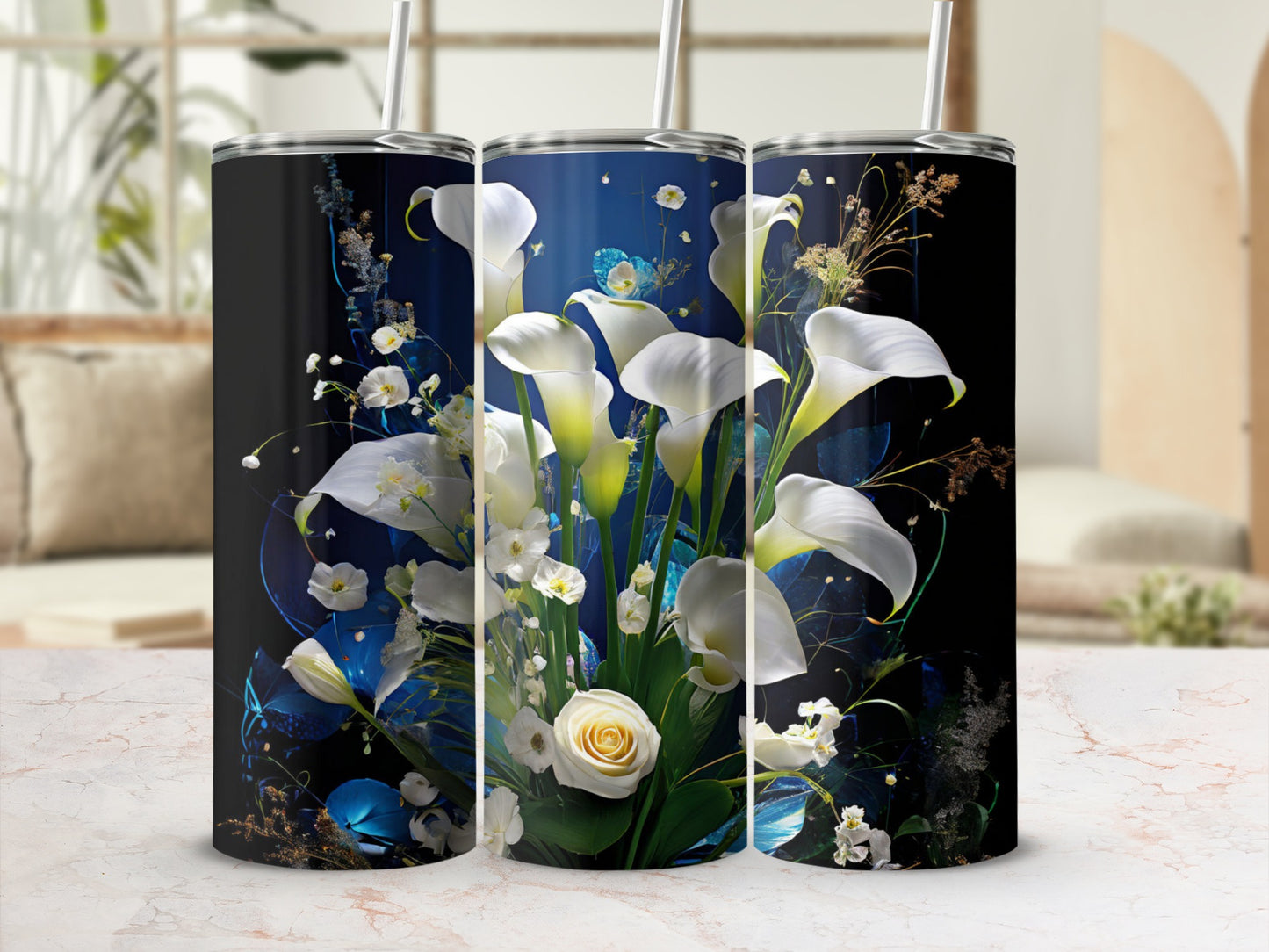 White calla lilies and roses with greenery and butterflies on a dark background.