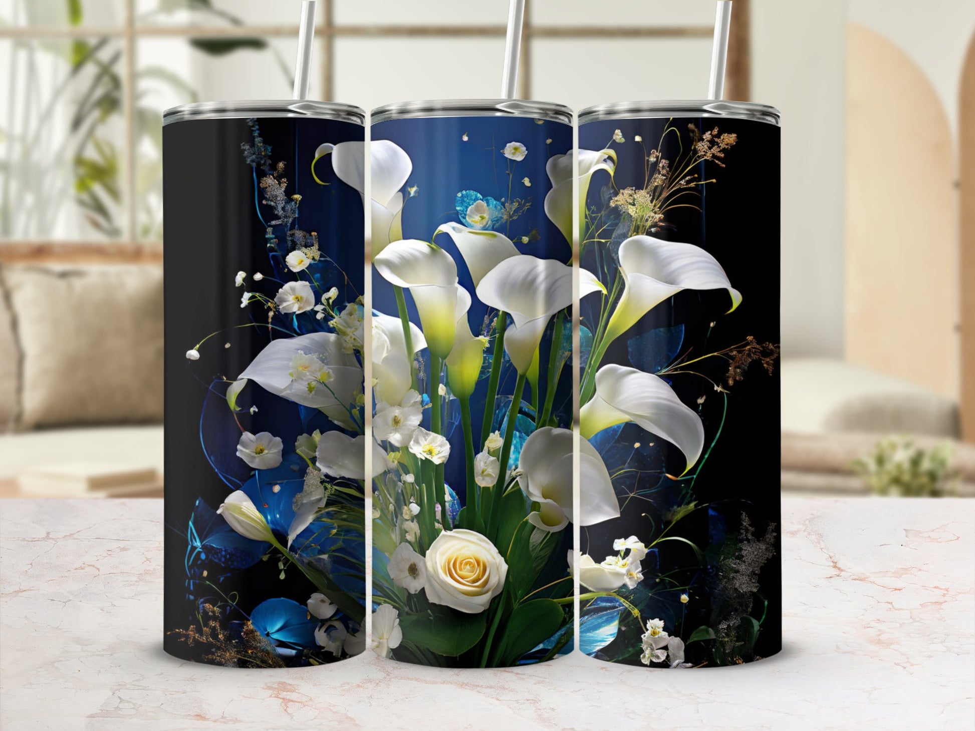 White calla lilies and roses with greenery and butterflies on a dark background.