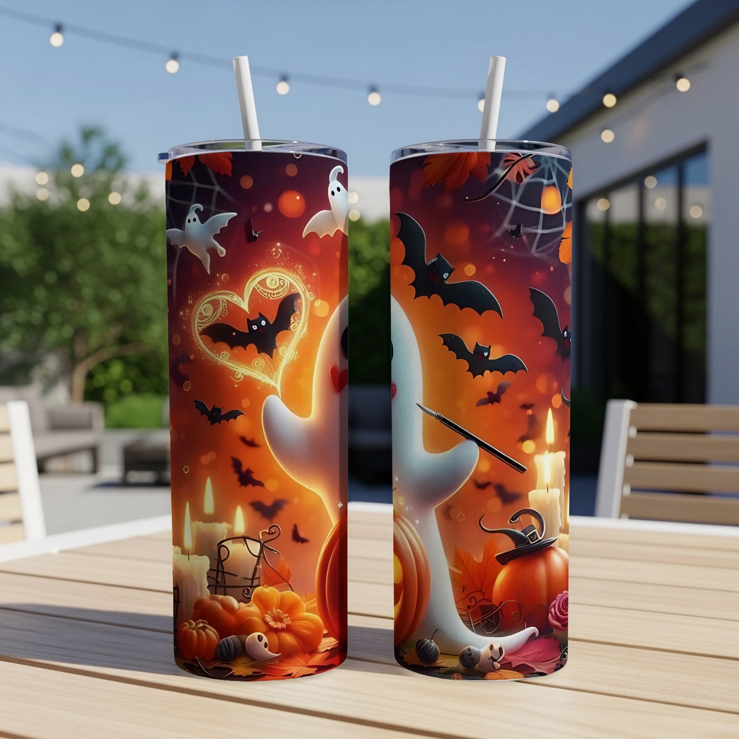 Two Halloween-themed tumblers with ghosts, bats, pumpkins, and candles.
