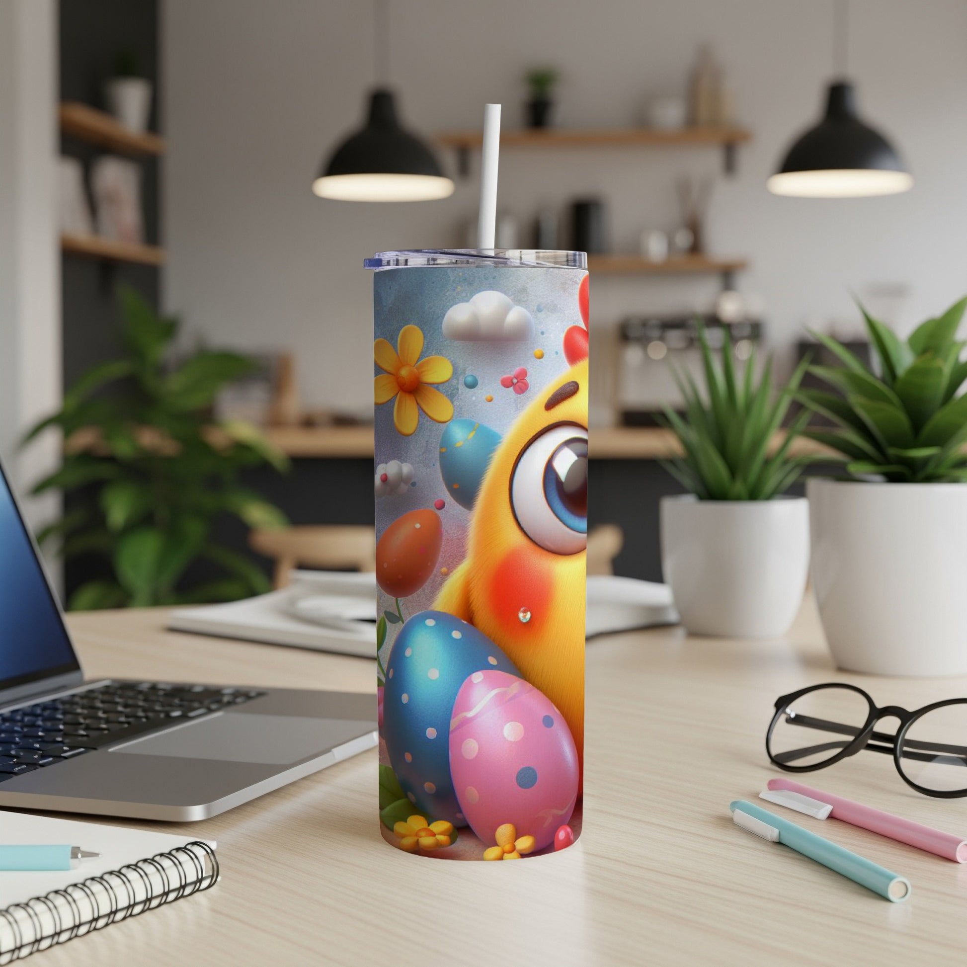 Cute cartoon chick with Easter eggs on a tumbler cup.