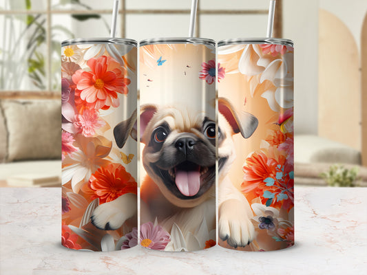 Cheerful Pug Dog Bright Blooms Butterflies Tumbler product type
Pug dog
Happy pug
Floral design
Flower tumbler
Butterfly art
Cute dog
Animal print
Pet lover gift
Summer drinkware
Orange flowers
Pink flowers
White flowers
Puppy design
Dog themed
Tumbler art
Drinkware
Custom tumbler
Unique gift
Nature design
Spring blooms