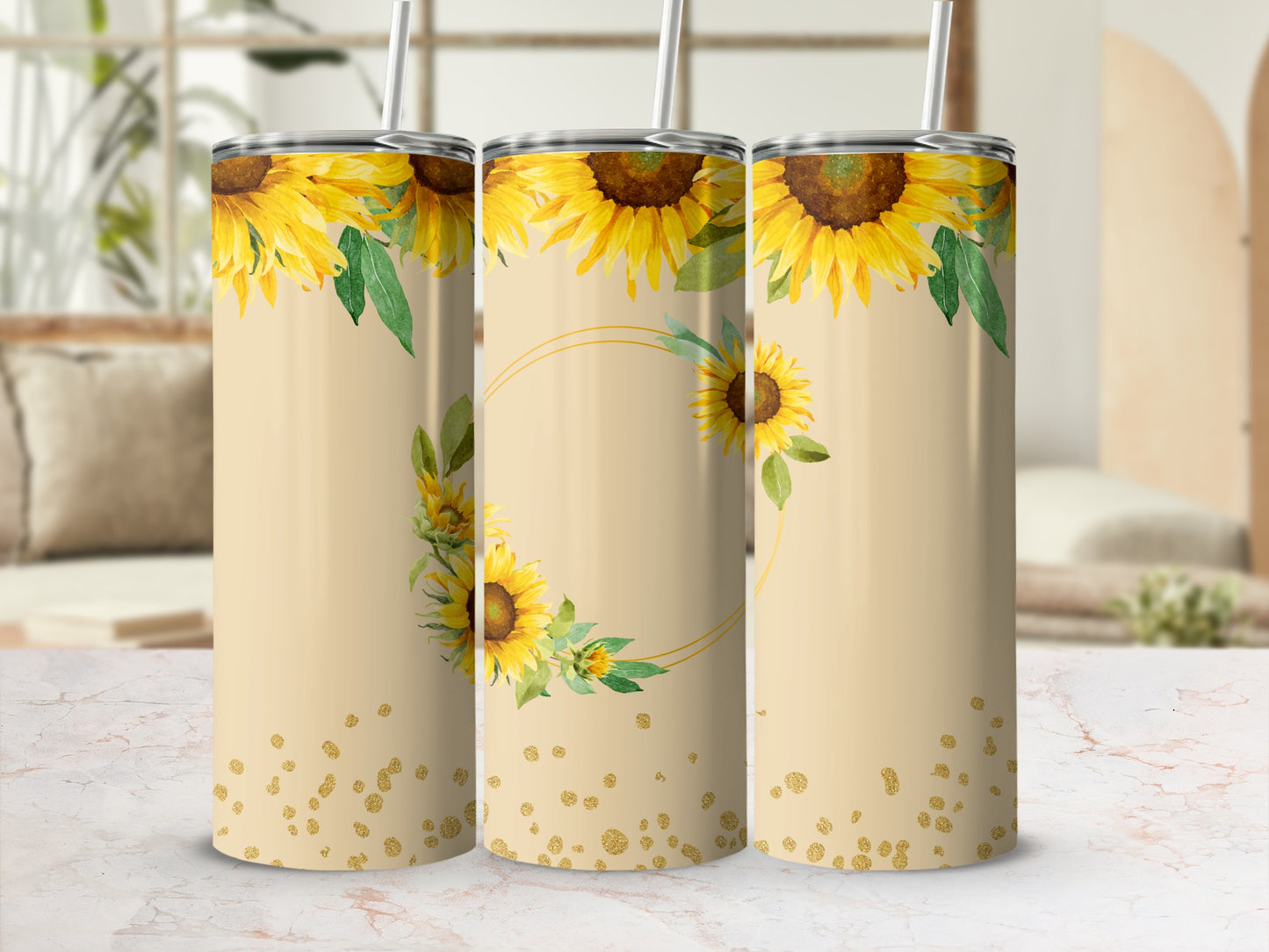 Tan tumbler with sunflowers and gold glitter accents.