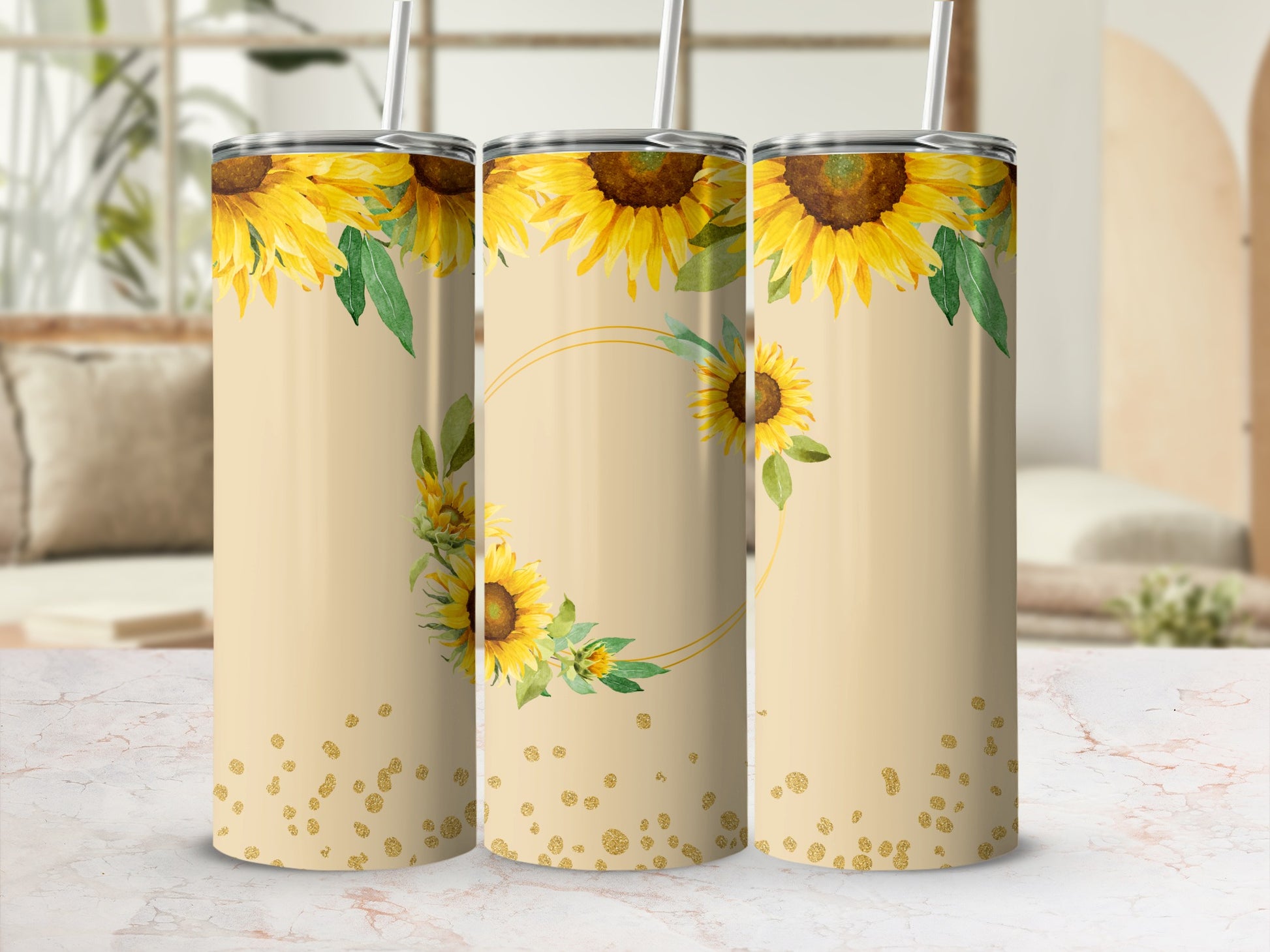 Tan tumbler with sunflowers and gold glitter accents.