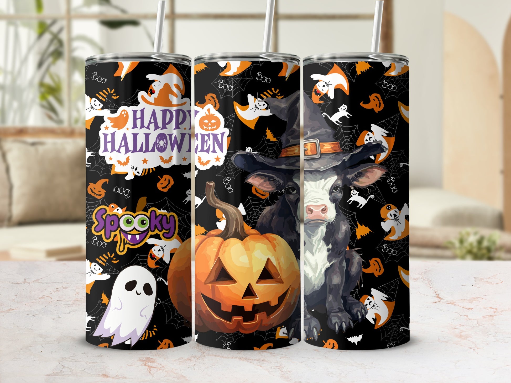 Spooky Happy Halloween Cow Pumpkin Stainless Steel Tumbler