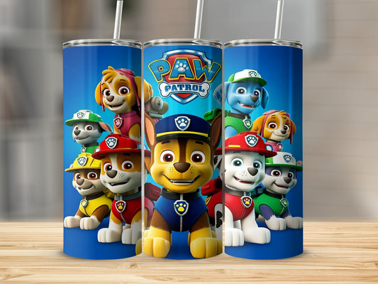 Paw Patrol characters Chase, Marshall, Ryder, Skye, Rubble, and Zuma on blue tumblers.