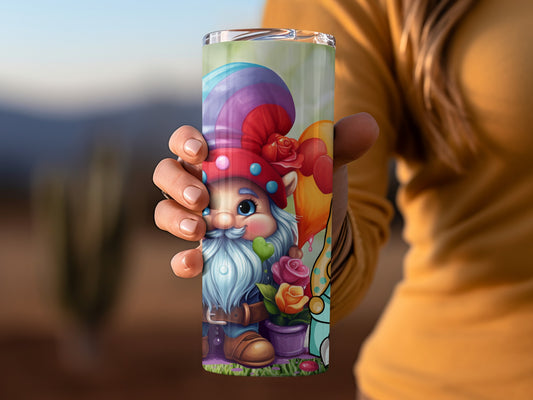 Cute Gnome Holding Flowers and Balloon Tumbler
