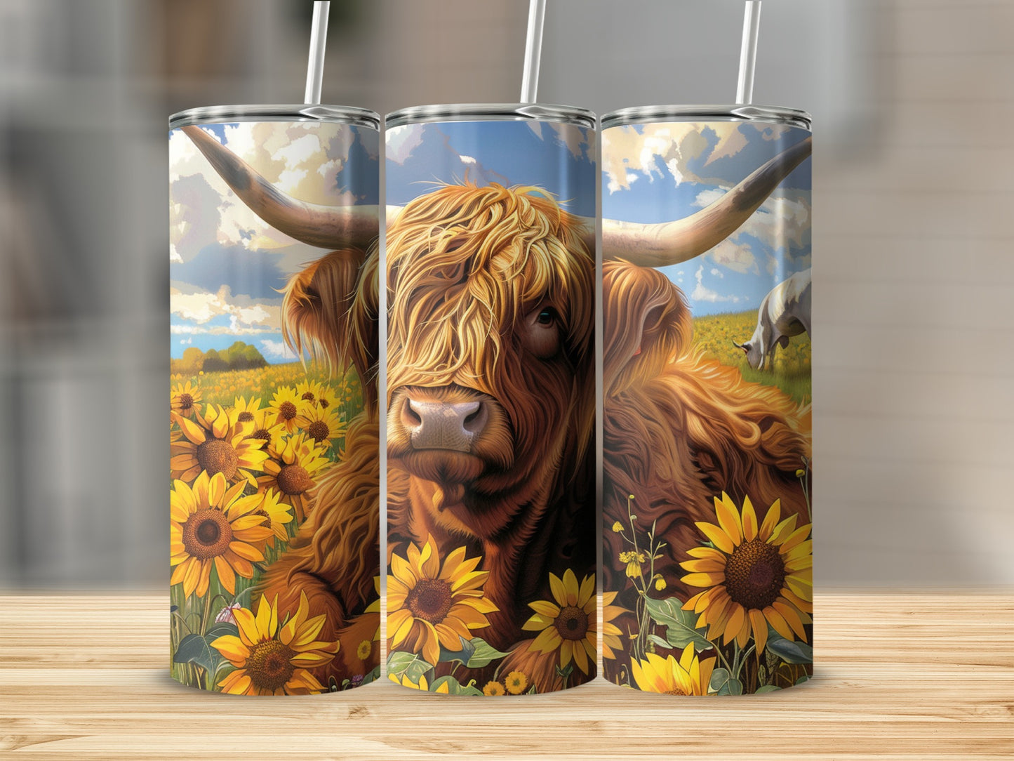 Highland cow portrait among sunflowers on a 20 oz tumbler.