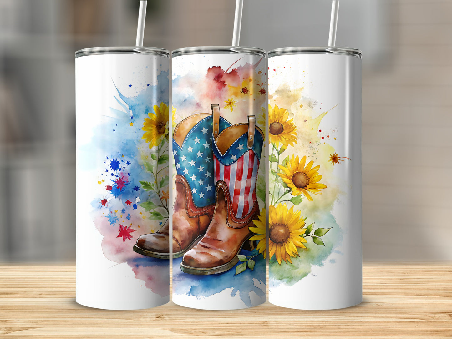 Americana cowboy boots with sunflowers on a watercolor background.
