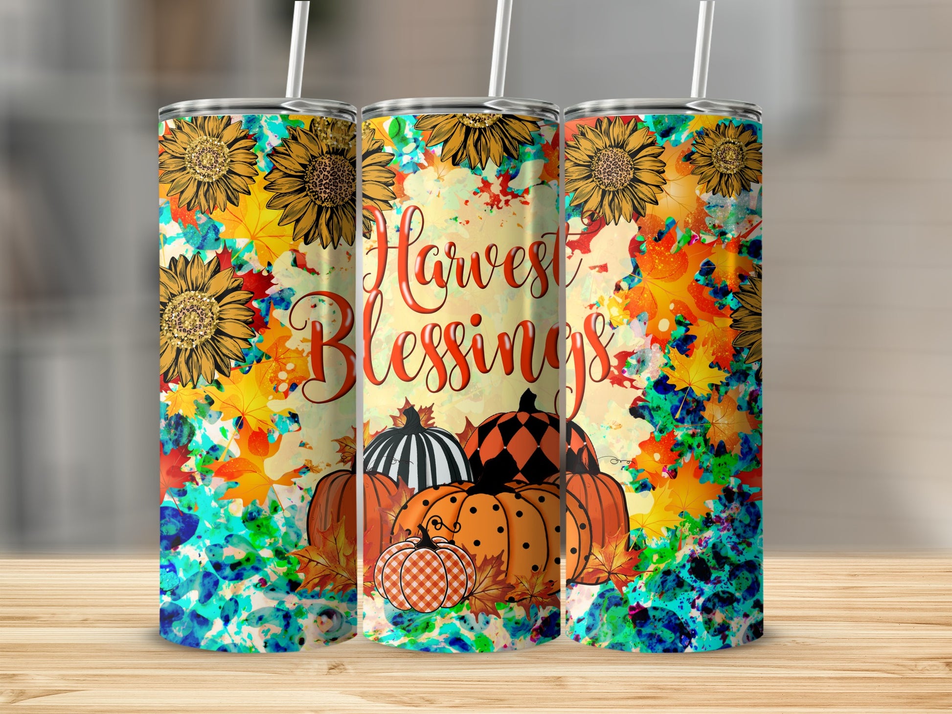 Harvest Blessings tumbler with pumpkins and sunflowers.