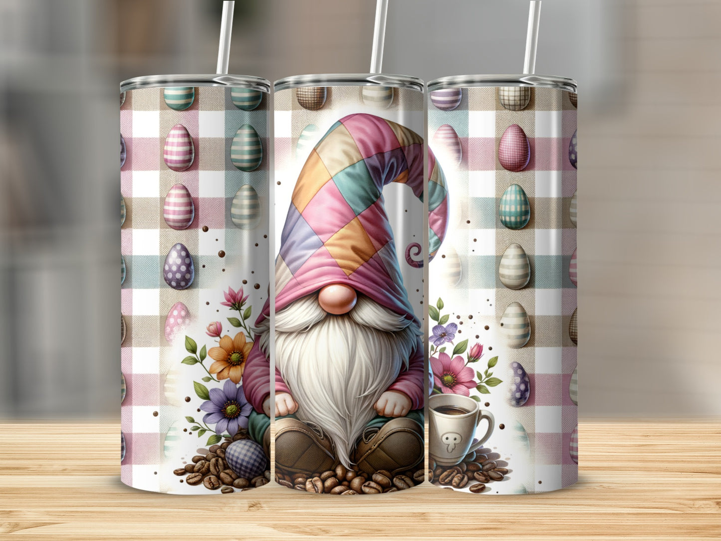 Gnome with Easter eggs and coffee mug on a patterned background.