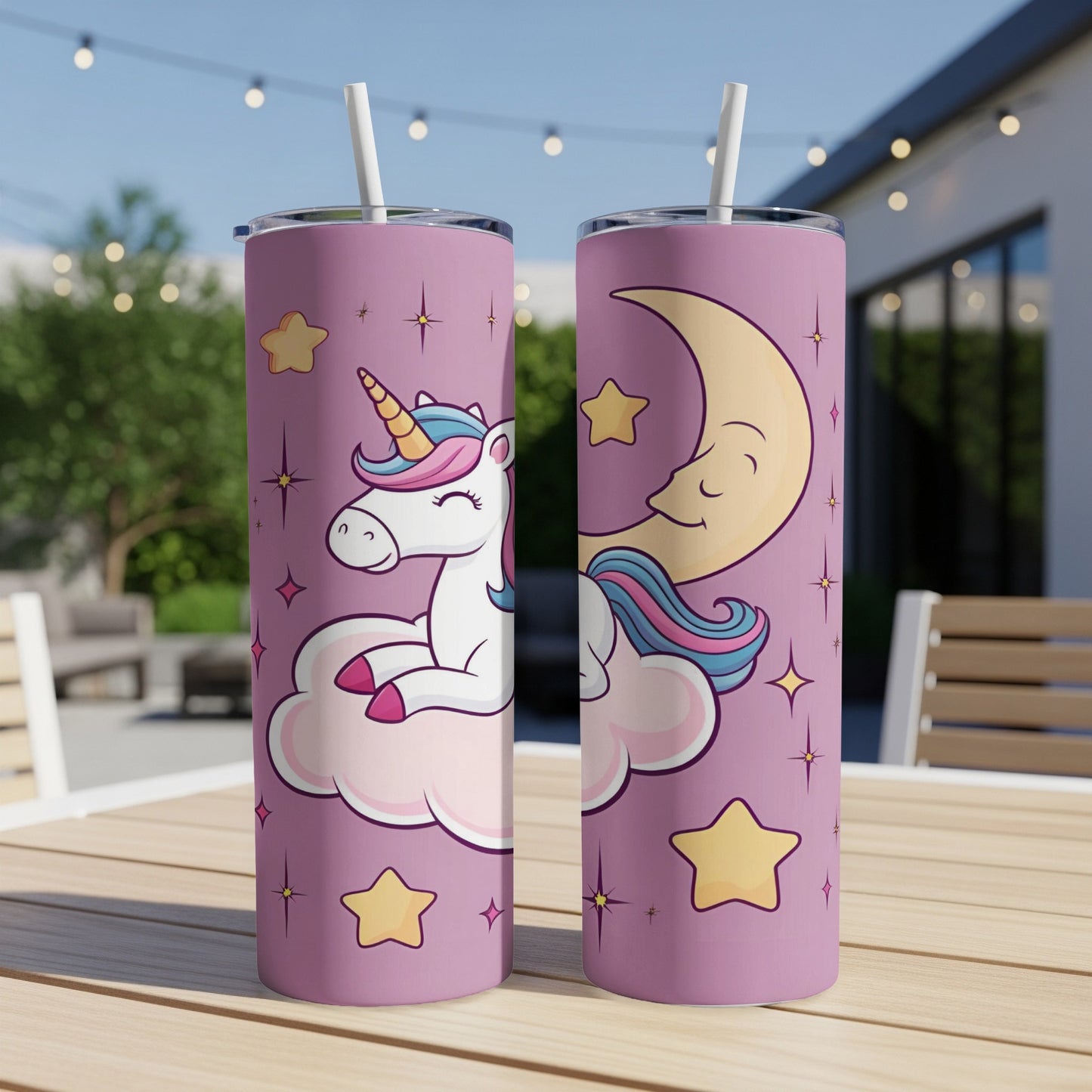 Unicorn on cloud with crescent moon and stars.