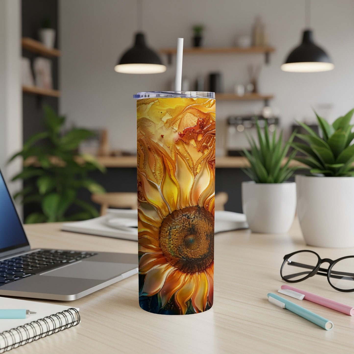 Tumbler with a vibrant abstract sunflower design.