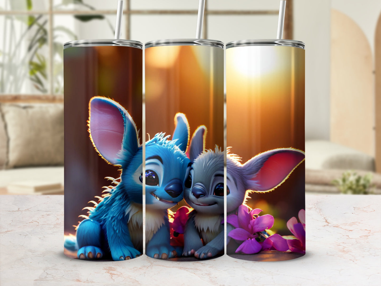 Two cartoon aliens, one blue, one gray, with large ears, embrace with flowers.