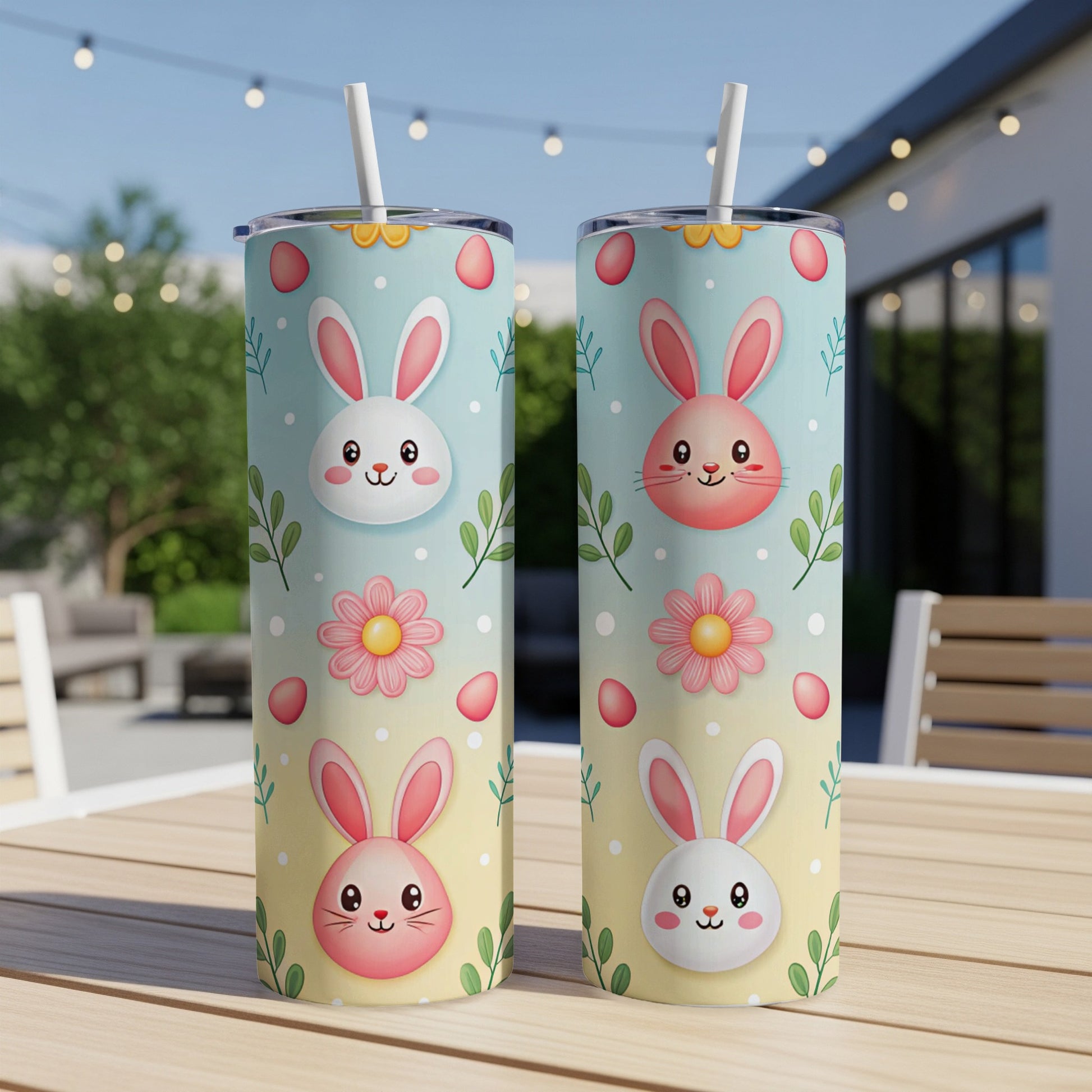 Two pastel Easter bunny tumblers with floral accents and straws on a table.