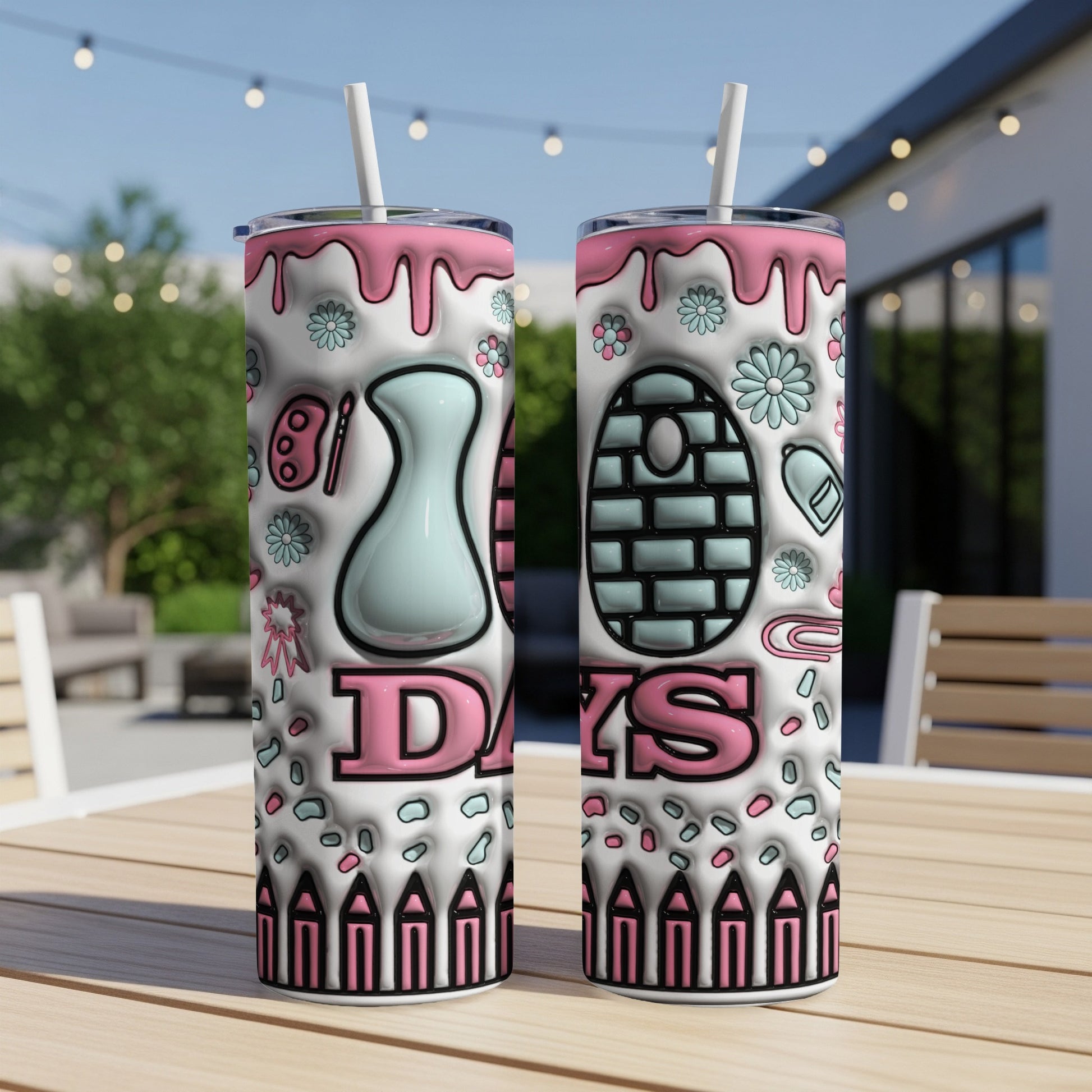 Two pink and white tumblers with pastel floral and abstract designs, "80 DAYS" text.