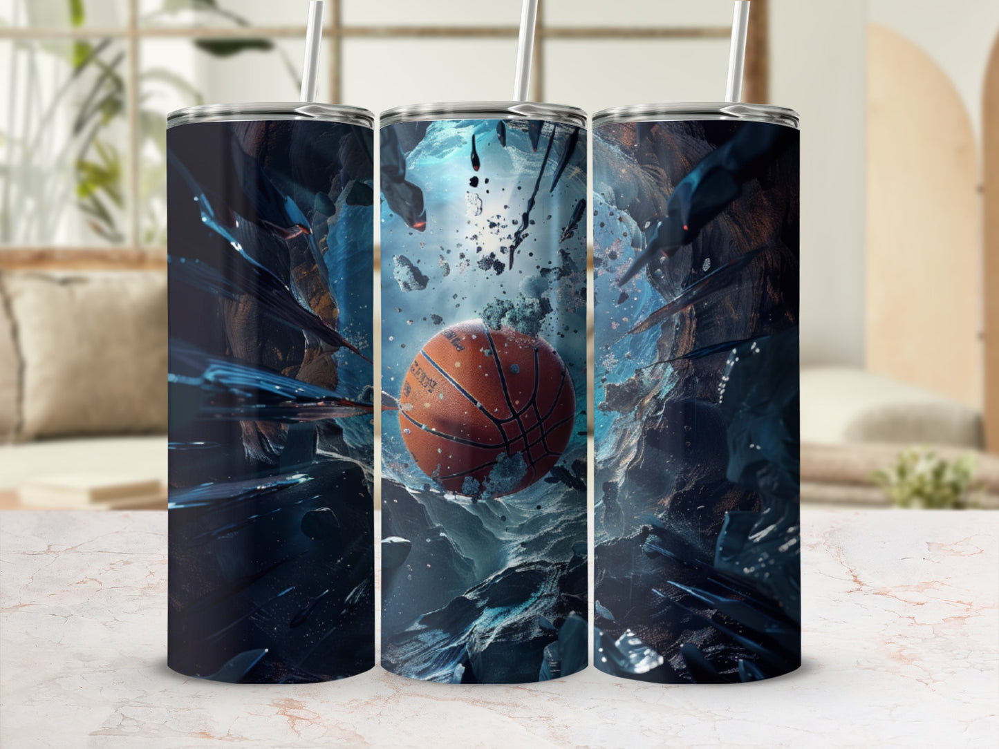 Basketball in swirling abstract blue and orange fragments, with straws.