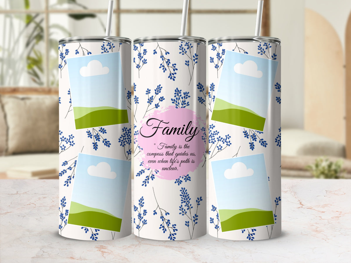 Three tumblers with blue floral pattern, photo placeholders, and "Family" quote.