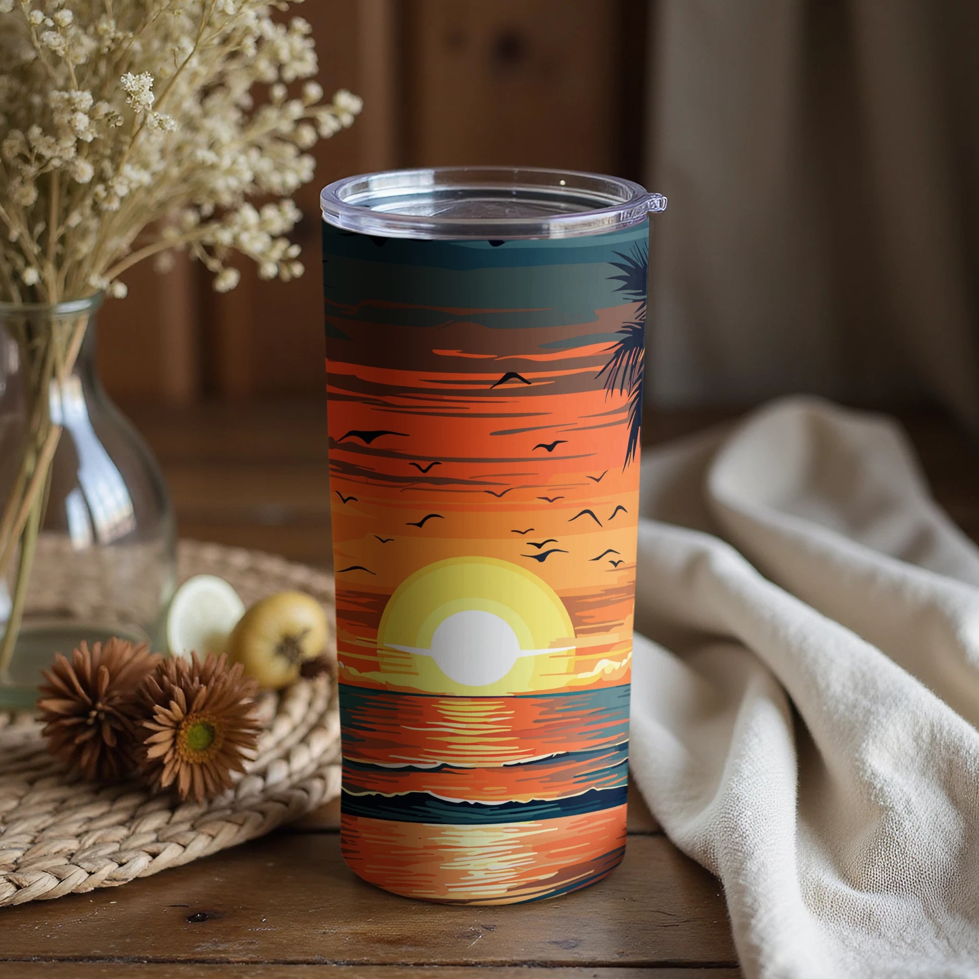Sunset Over Ocean with Birds Design Tumbler