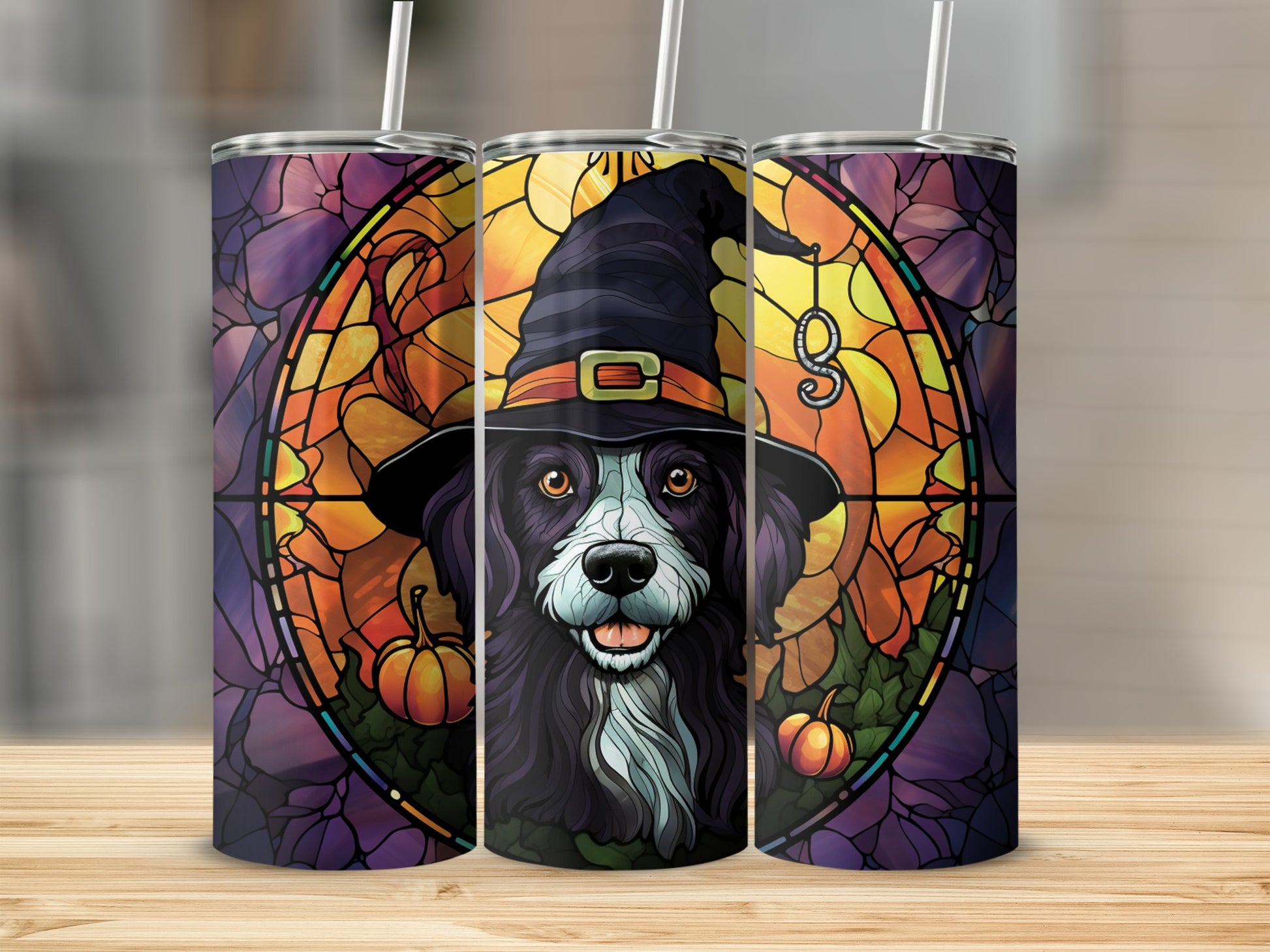 Black and white dog in witch hat with stained glass pumpkin background