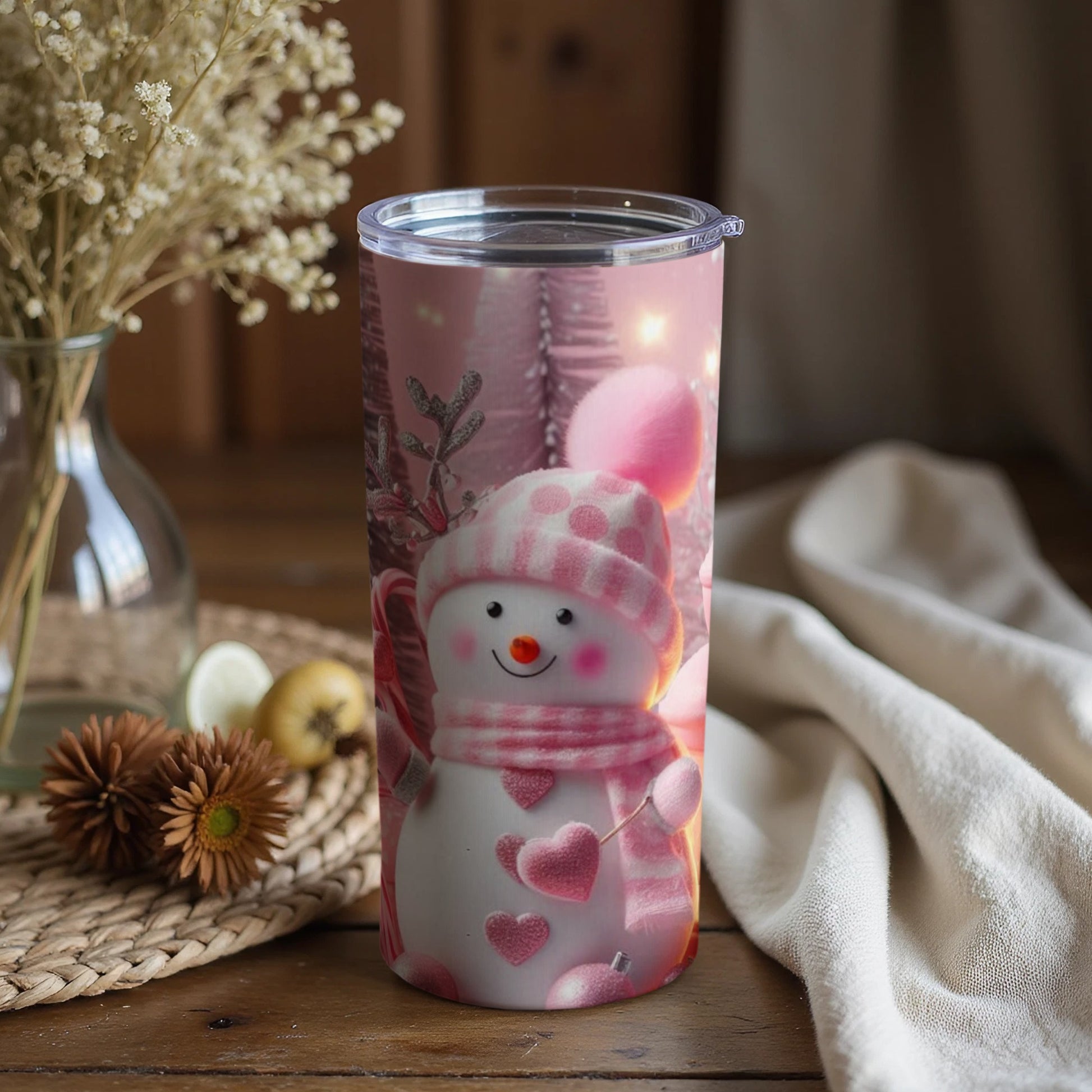 Cute Snowman with Hearts Insulated Tumbler Cup