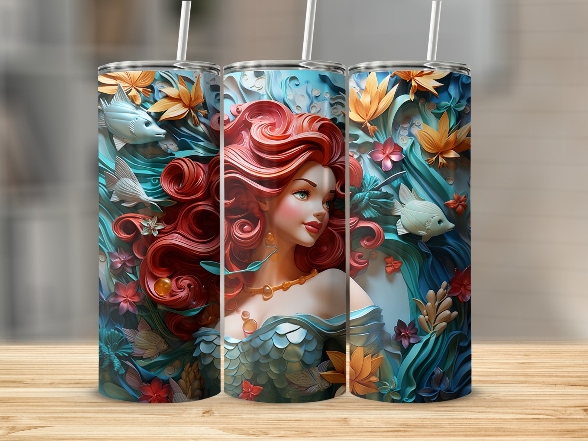 Mermaid Theme Decorative Tumbler with Straw Option