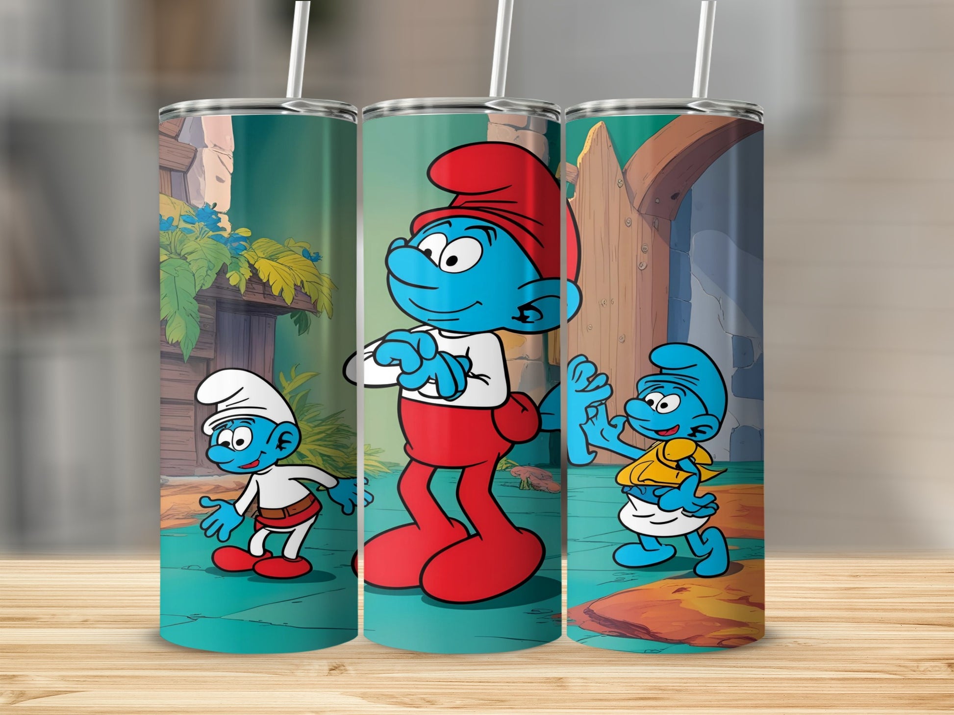 Three Smurfs standing in front of a village building.