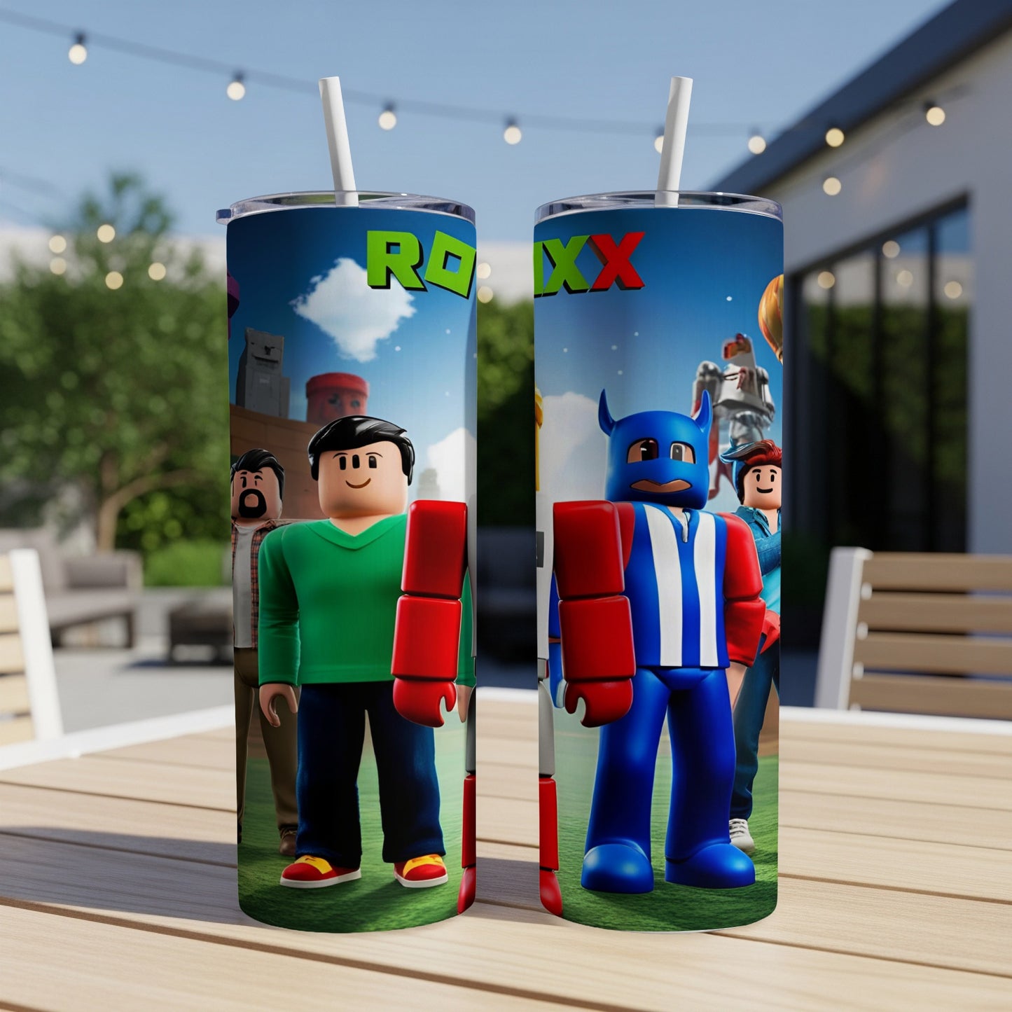 Roblox characters on tumblers with straws, with game background.