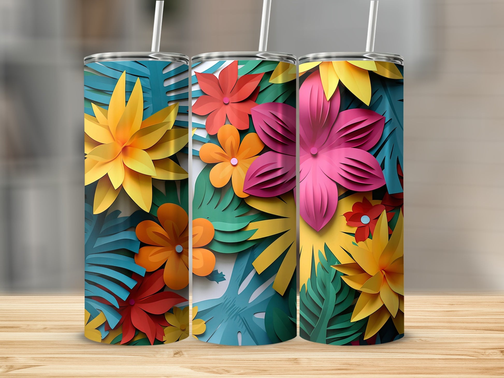 Vibrant Floral Pattern Insulated Tumbler Set