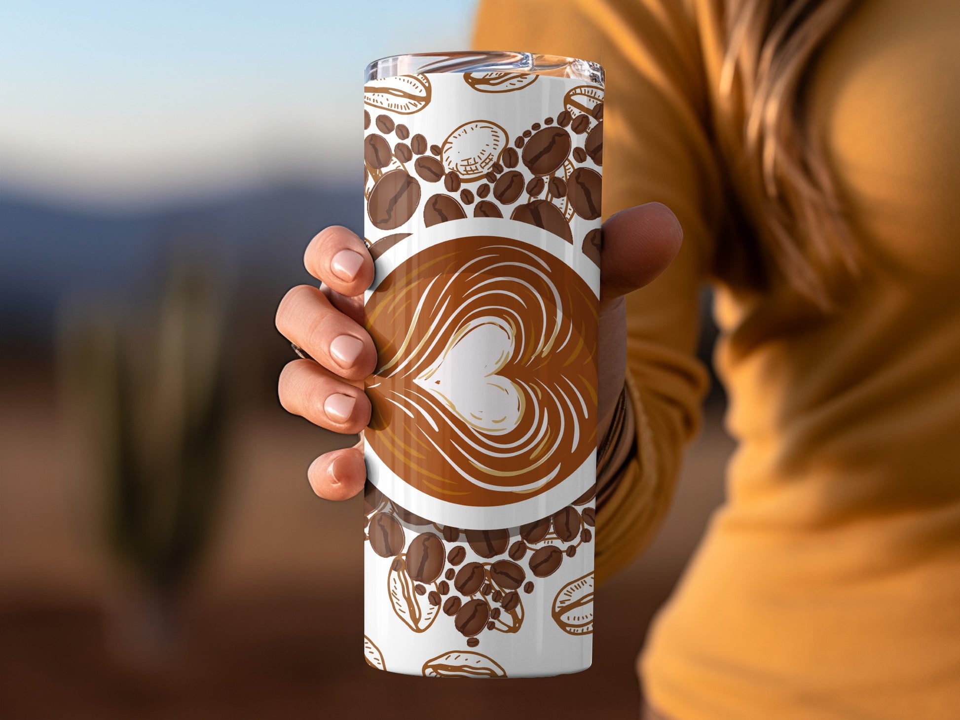 Coffee Bean and Heart Pattern Insulated Tumbler