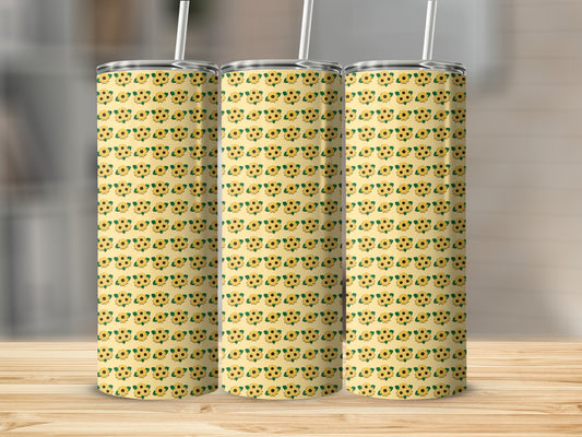 Three tall tumblers with a yellow and green floral pattern.